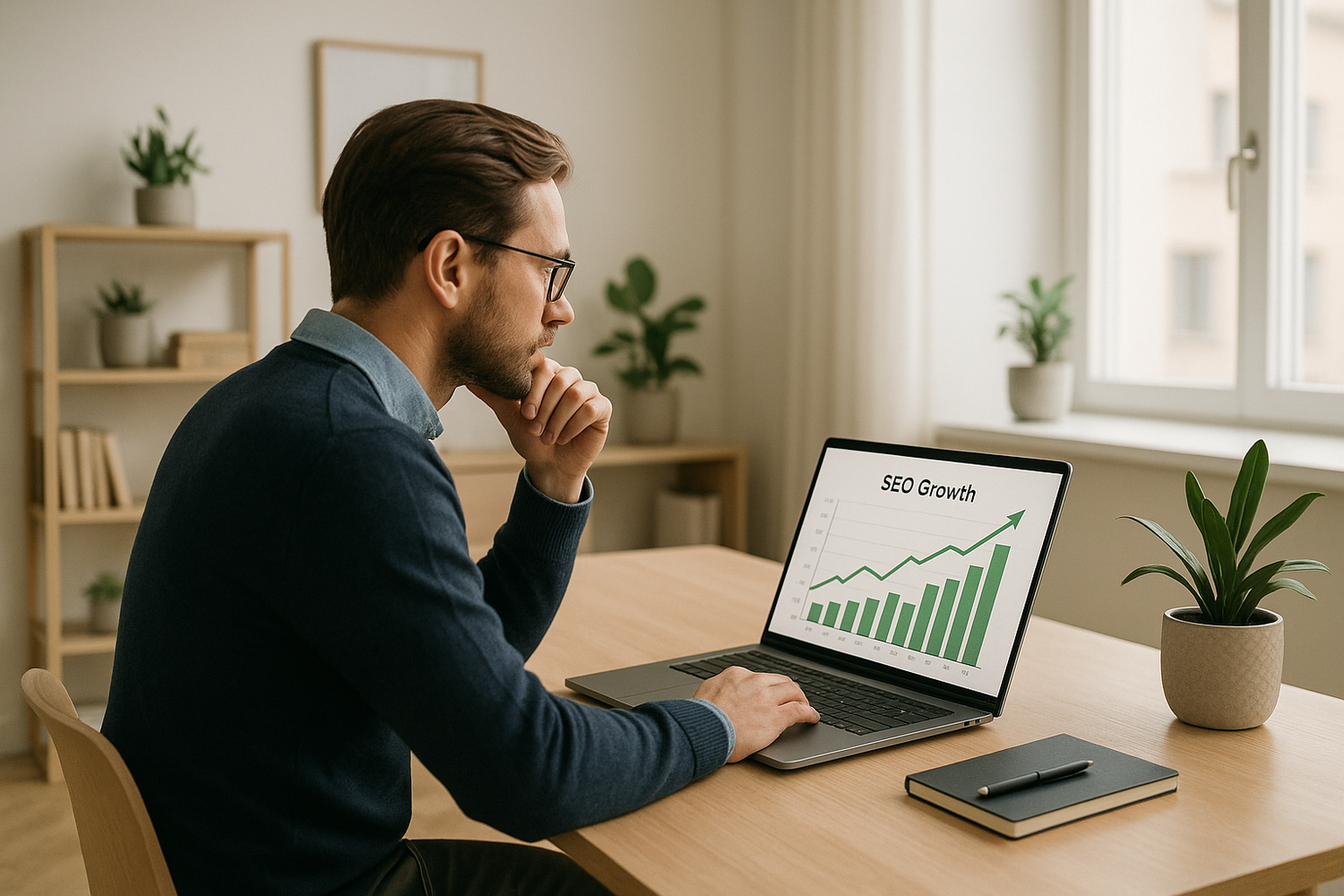 A thoughtful business owner looking at analytics on a laptop in a modern office, calm lighting, showing a growing SEO chart on screen. The environment conveys clarity, long-term strategy, and digital growth. Scandinavian design, clean and minimal.