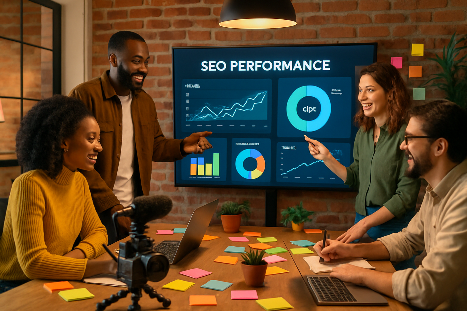 Creative marketing team collaborating around a large screen, analyzing SEO performance, diverse professionals smiling and discussing strategy. Warm lighting, startup-style workspace with camera gear, laptops, and post-it notes. Energetic and trustworthy mood.